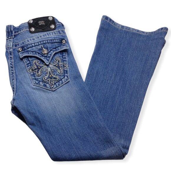 Miss Me Medium Wash Embellished Fleur De Lis Bootcut Jeans 27 - Picture 8 of 10